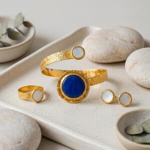 Turkish 18K Gold Plated Sapphire Glass Pearl Cuff Bracelet Ring Set Adjustable